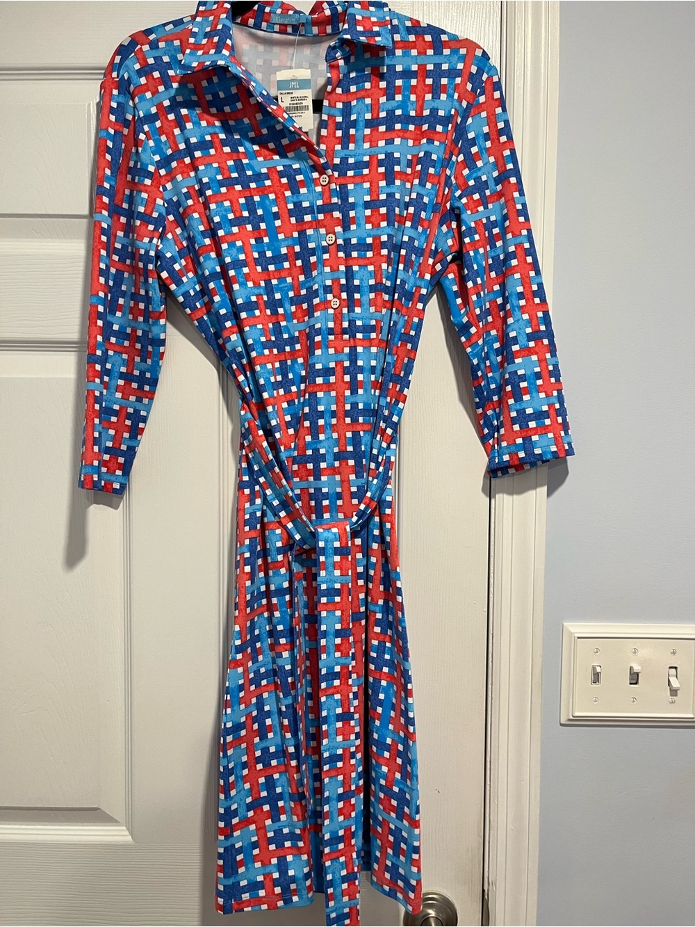J. Mglaughlin Womenโs Calla Blue & Red Patterned Shirt Dress Sz L NWT